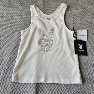 Playboy Rhinestone Bunny Ribbed Tank Top White Size S/M NWT